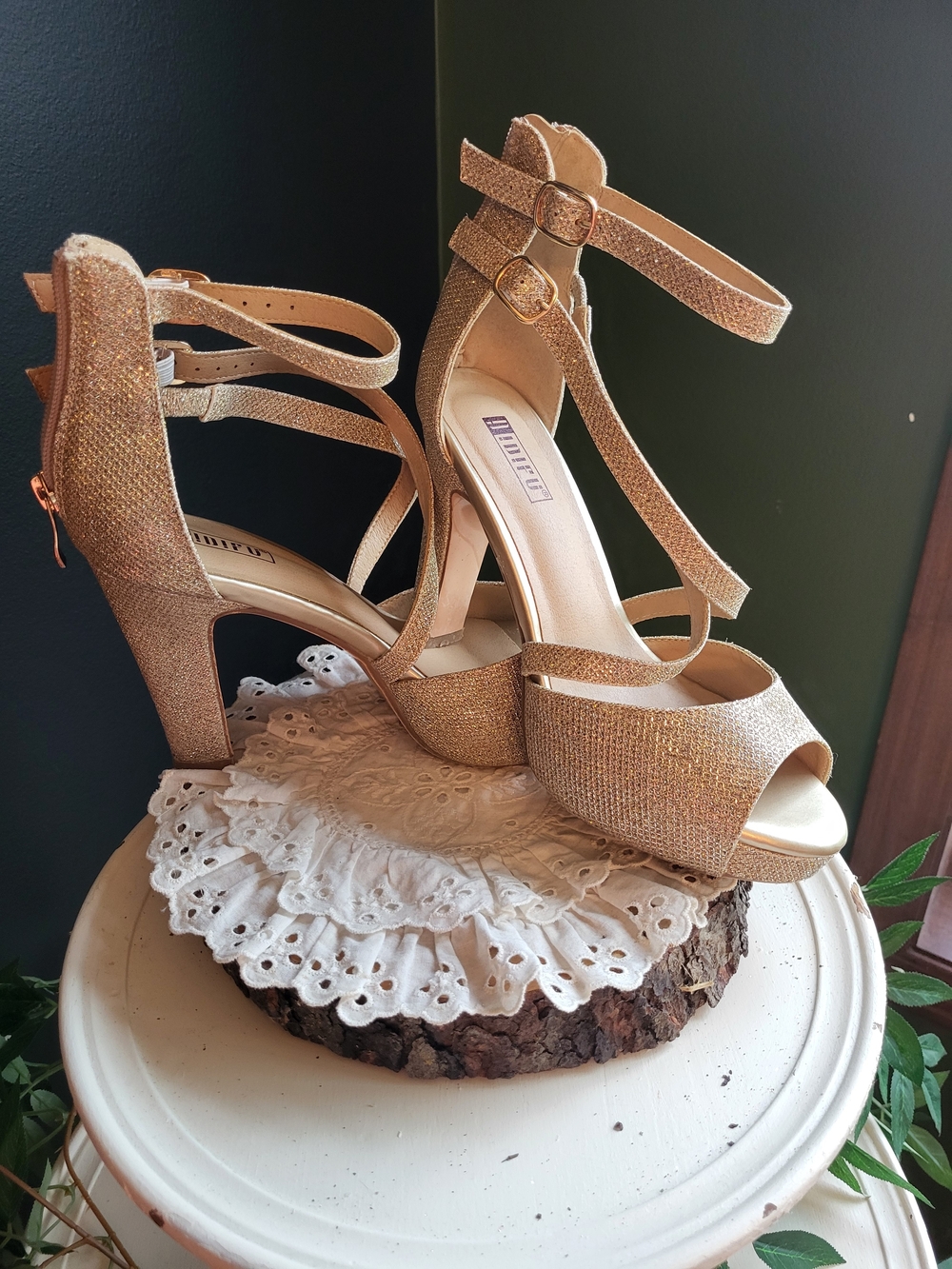 IDIFU Gold Glitter Platform Heels with Double Ankle Straps